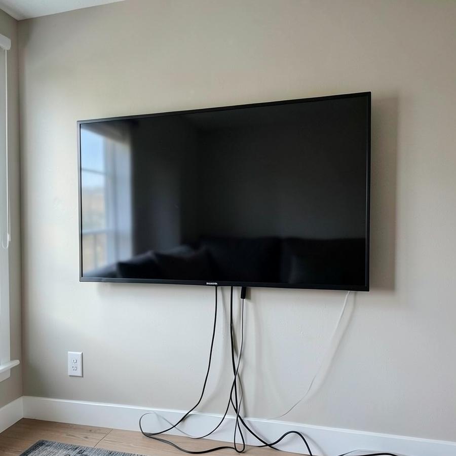 Living room wall with a television and exposed cables