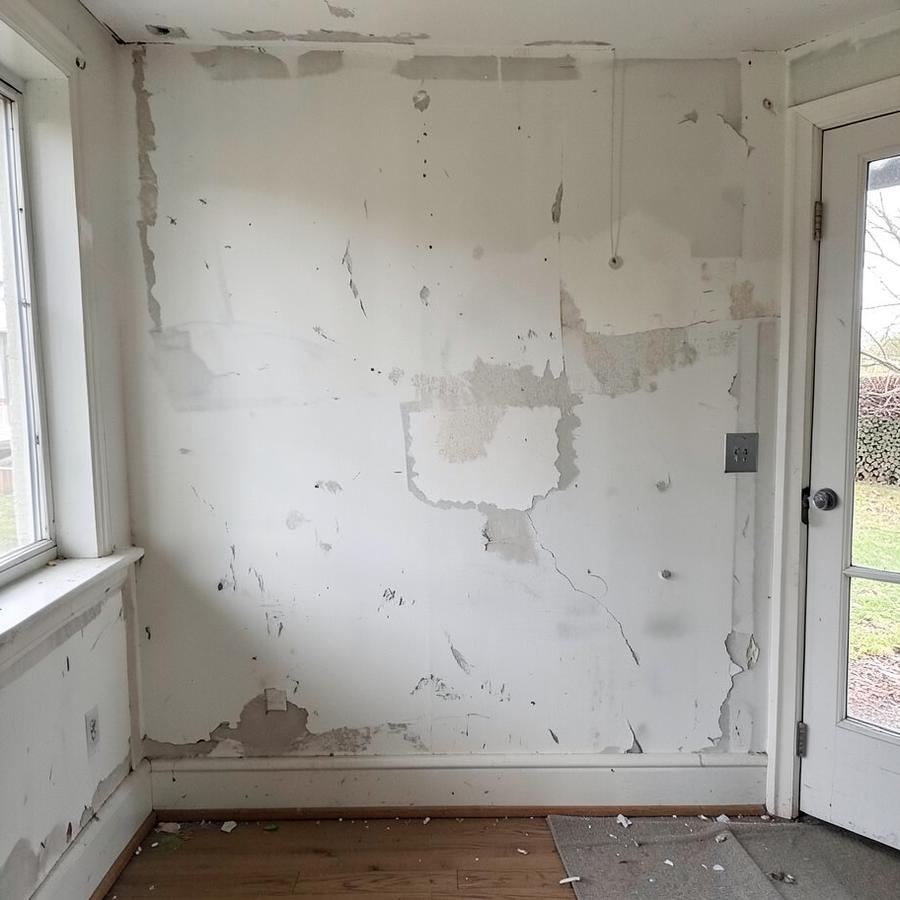 Interior wall with peeling paint and patched drywall